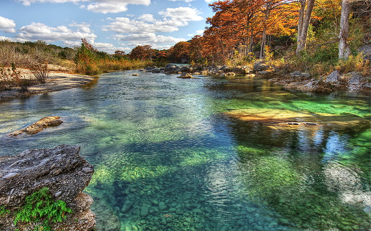 Nature Autumn Stones Green River Trees Blue Sky Frio River River In Texas Usa Desktop Wallpaper Hd 3840×2400