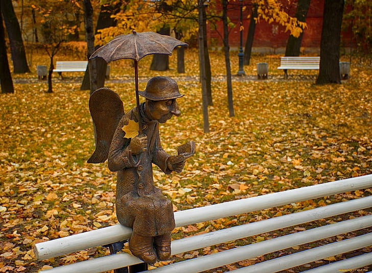 Angel In The Park, bench, benches, leaves, autumn, book, fall, HD wallpaper