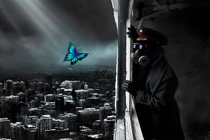 the city, butterfly, Apocalypse, destruction, gas mask, captain