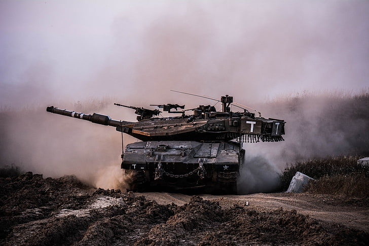 gray military tank, dust, dirt, combat, Merkava, main, Israel