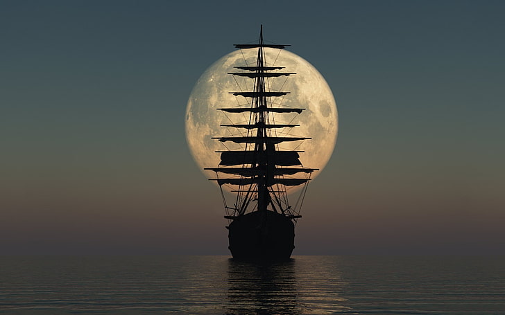 Moon, ship, sailing ship, sea, sky, water, waterfront, nature