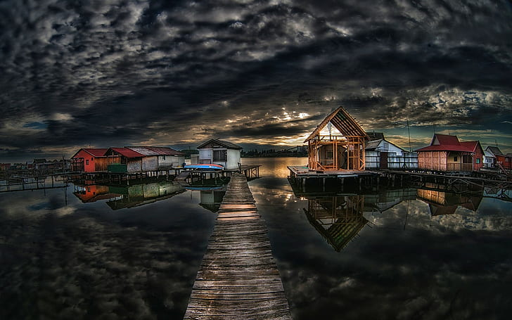 Landscape, Nature, Lake, Sunset, Clouds, Houses, Walkway, Reflection, Nature, brown dock with assorted color wooden house in middle of body water