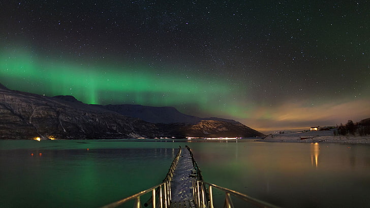 nature, landscape, Norway, mountains, aurora  borealis, aurorae