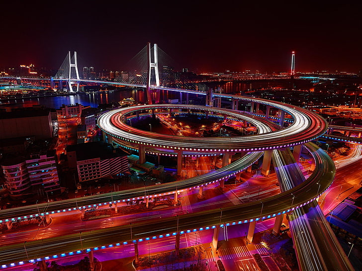cityscape, Nanpu Bridge, Shanghai, China, architecture, night, HD wallpaper