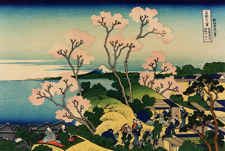 Hokusai, Japan, ink, cherry blossom, Mount Fuji, plant, nature, HD wallpaper