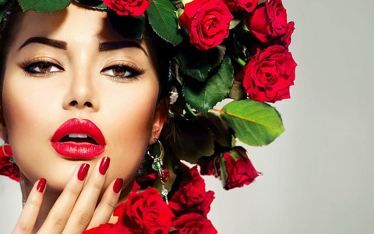 Girl Model Makeup Look Roses Flowers, HD wallpaper