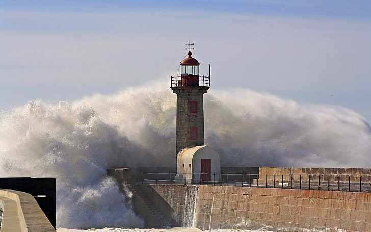 gray and red lighthouse, waves, storm, sea, Portugal, architecture