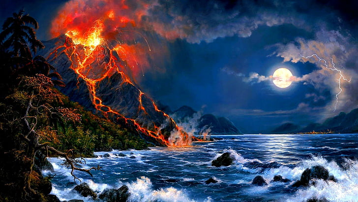 eruption of volcano, sea, full moon, mountain, fantasy