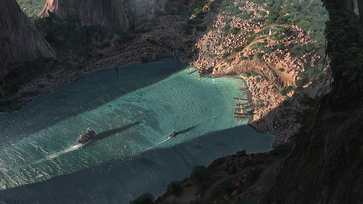 Fantasy, Landscape, Bay, City, Harbor, Ship, HD wallpaper