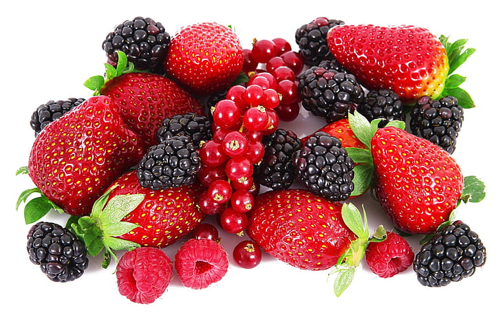 Strawberries, blackberries, raspberries, red berries, fruits, HD wallpaper