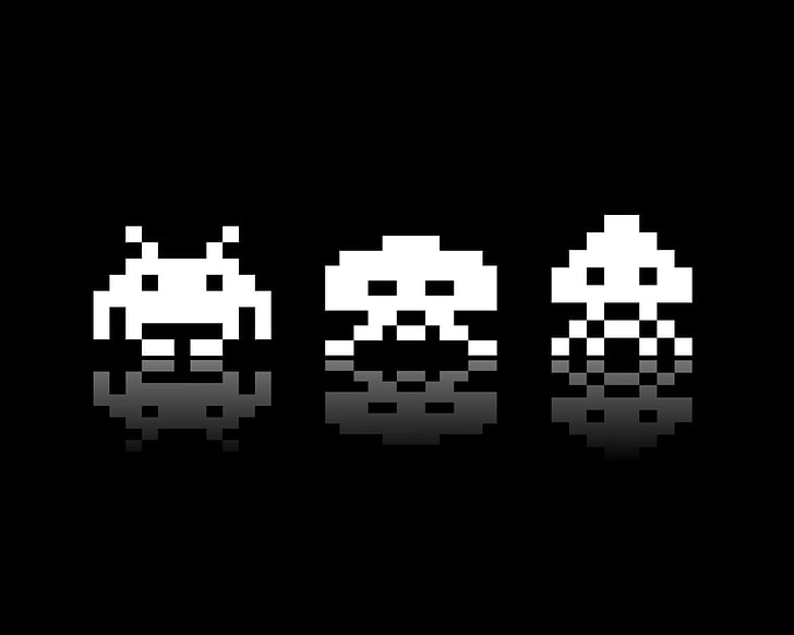 galaga aliens illustration, video games, Space Invaders, monochrome