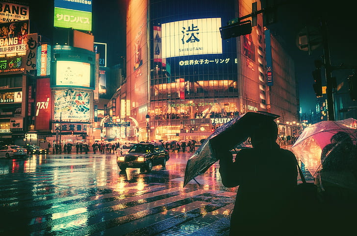 Japan, Shibuya, night, photography, HD wallpaper