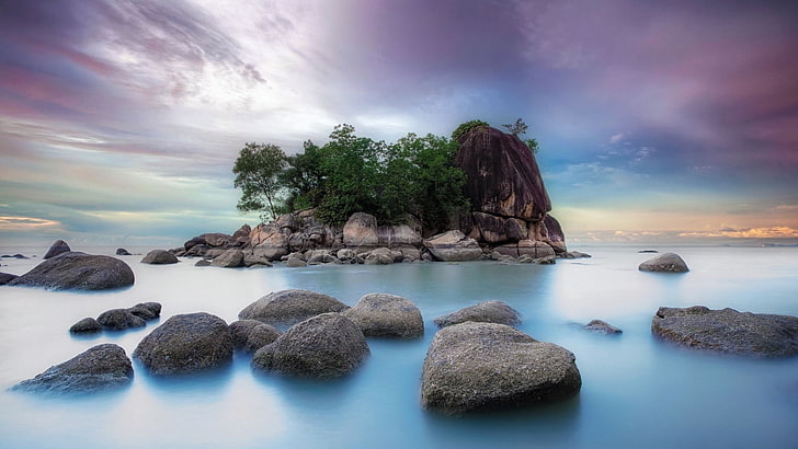 island, paradise, sky, sea, shore, rock, uninhabited island, HD wallpaper