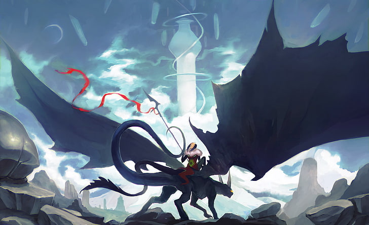 character riding dragon wallpaper, halbard, spear, wings, fictional, HD wallpaper