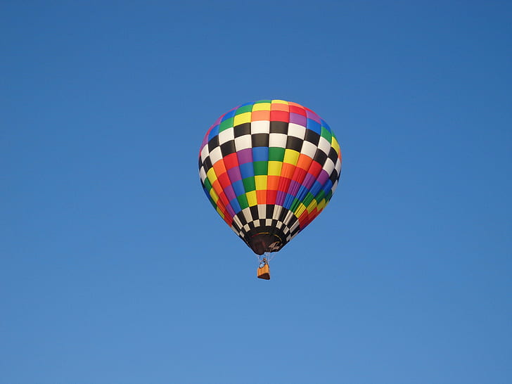 rainbow-colored checkered hot air balloon floating at daytime, HD wallpaper