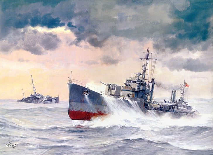 painting, military, ship, artwork, nautical vessel, sea, water, HD wallpaper