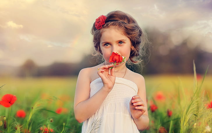 Child, beautiful girl, flowers, HD wallpaper