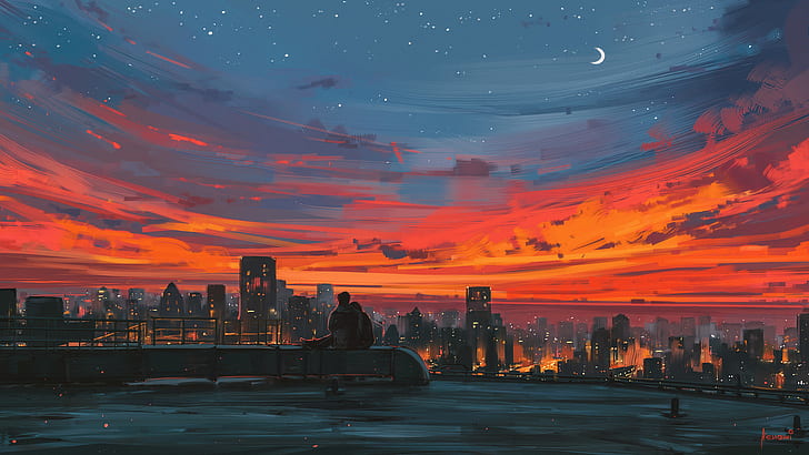 Aenami, sky, cityscape, colorful, sunset, HD wallpaper