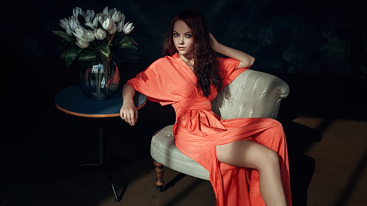 women, redhead, model, orange dress, Georgy Chernyadyev, women indoors