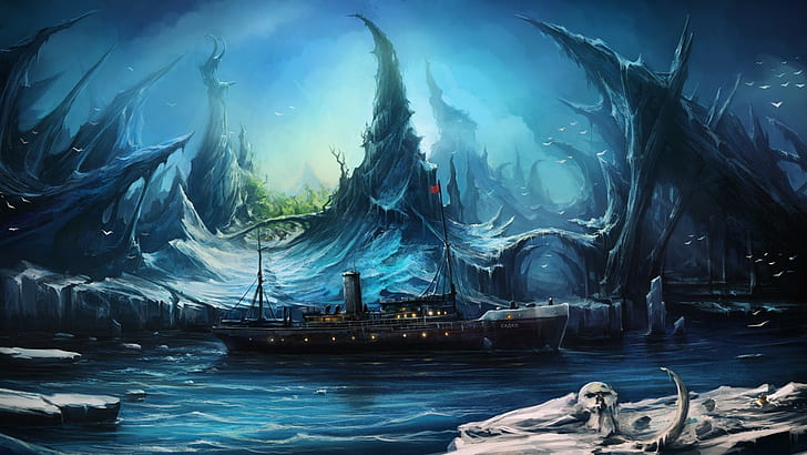 black ship illustration, fantasy art, artwork, water, nature