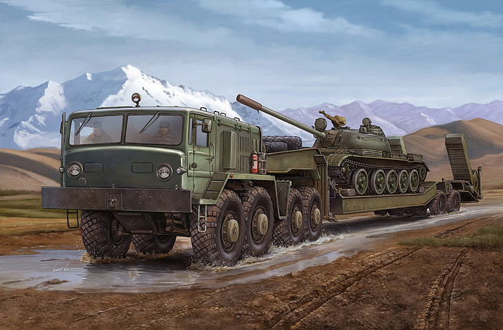 green war tank on truck digital wallpaper, engine, art, artist, HD wallpaper