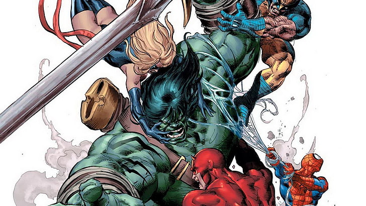 Incredible Hulk illustration, comics, Wolverine, Spider-Man, Daredevil