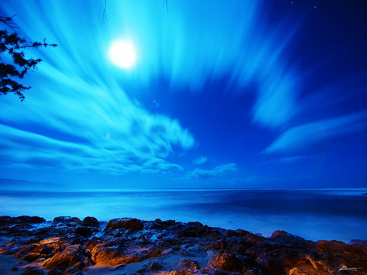time lapse photography of sky and body of water during night time, HD wallpaper