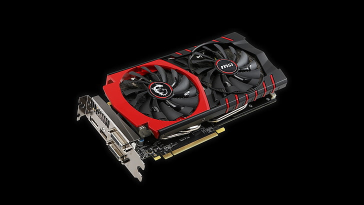 black and red MSI 2-fan graphics card, GTX980, PC gaming, minimalism, HD wallpaper