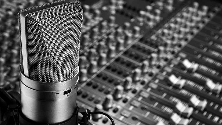 condenser microphone, monochrome, photography, closeup, mixing consoles