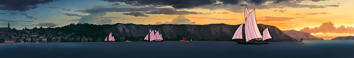 Studio Ghibli, anime, sky, cloud - sky, panoramic, sunset, water, HD wallpaper