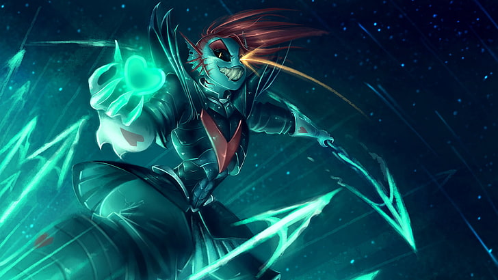 anime character 3D wallpaper, Undyne, Undertale, redhead, spear