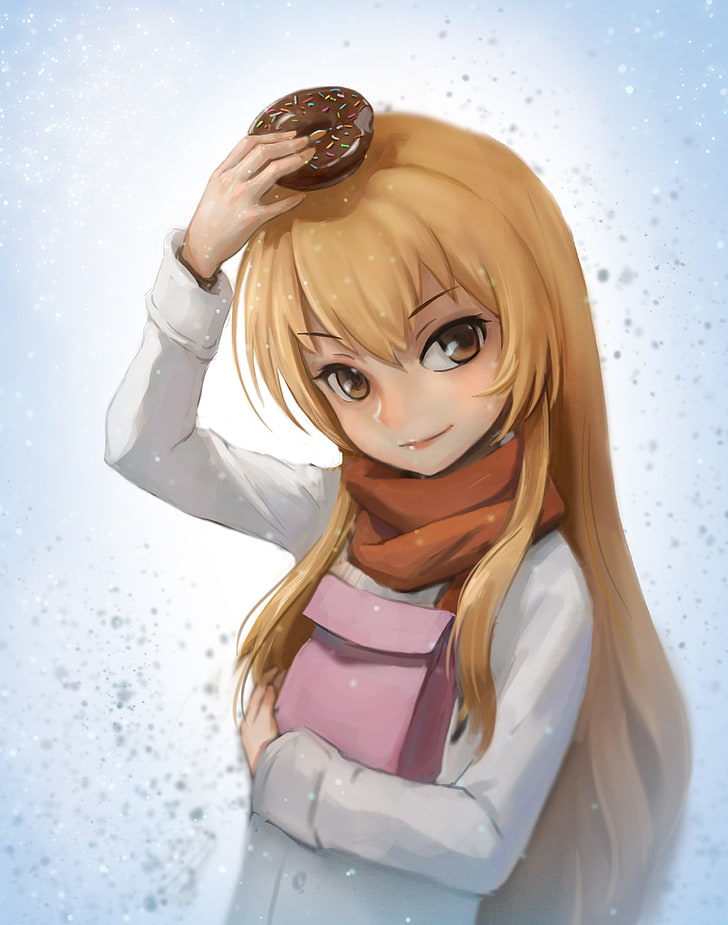 anime, anime girls, long hair, donut, food, snow, Toradora!, HD wallpaper