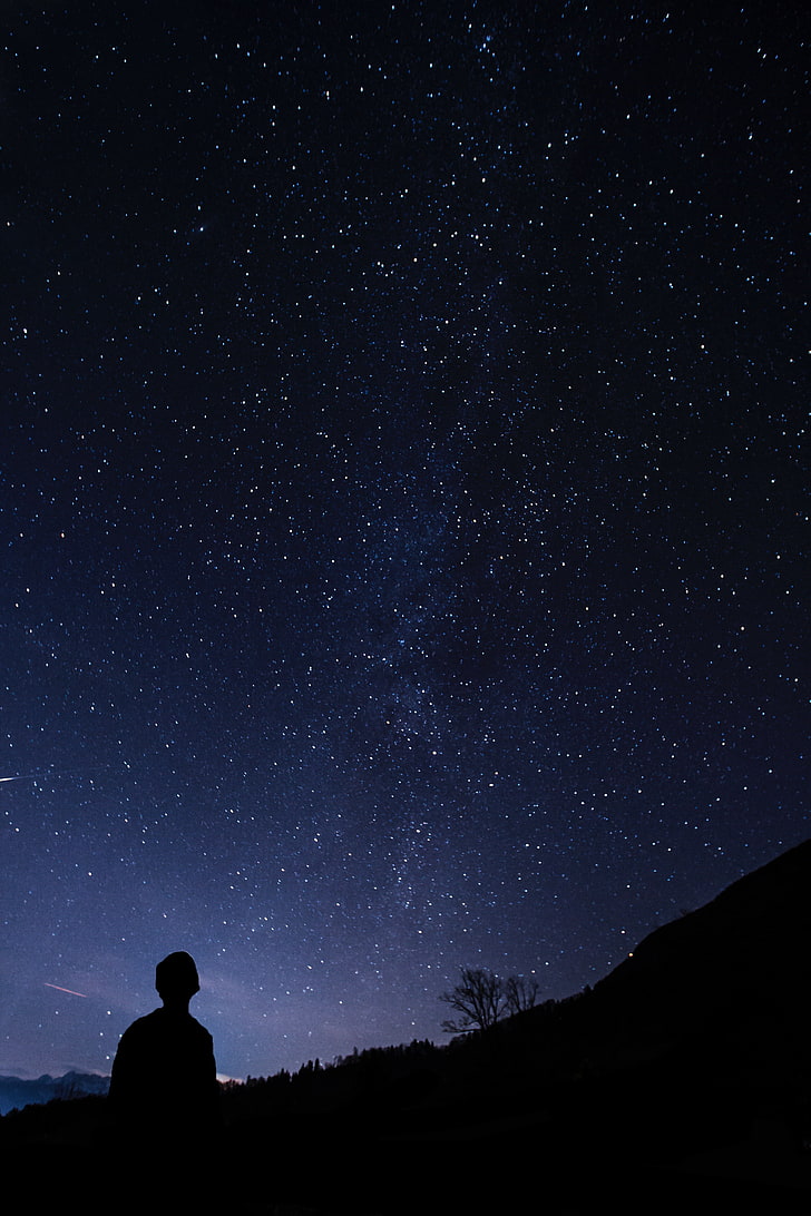 milky way galactic center, silhouette, starry sky, man, night, HD wallpaper
