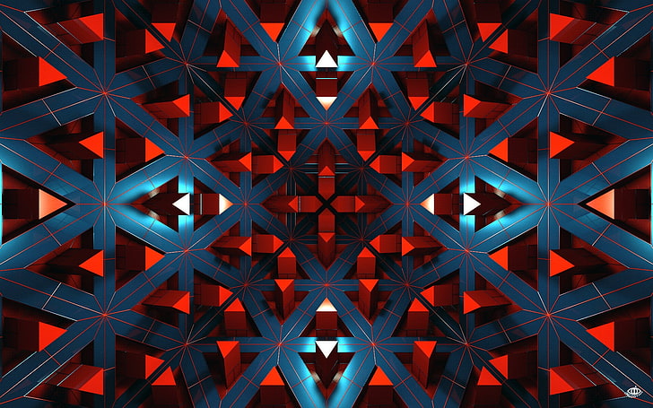 blue and red wooden wall decor, digital art, abstract, CGI, render