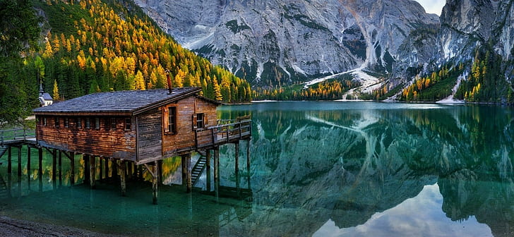 nature landscape lake mountain cabin chapel forest fall italy alps turquoise water reflection trees