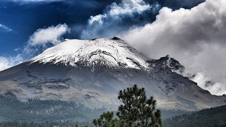 Popocatepetl, Mexico HD, clouds, snow, tree, vulcano, HD wallpaper