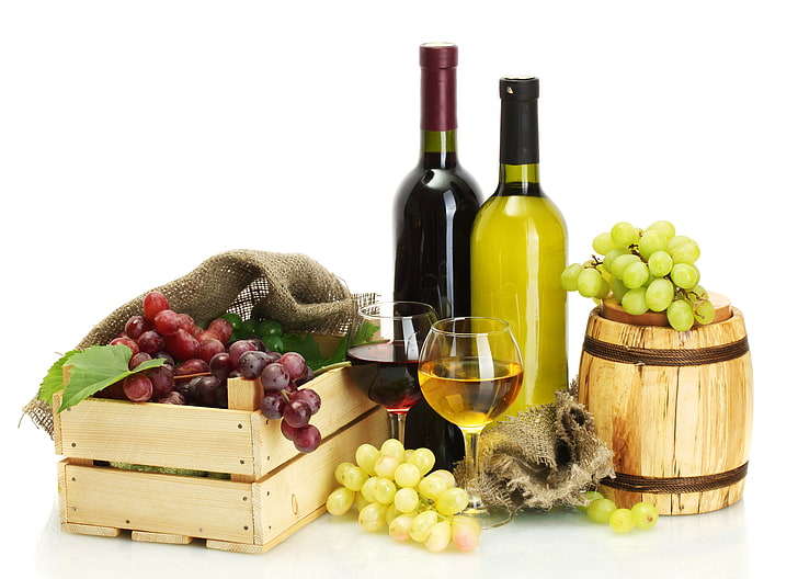 wine bottle and grapes, leaves, red, white, glasses, box, barrel