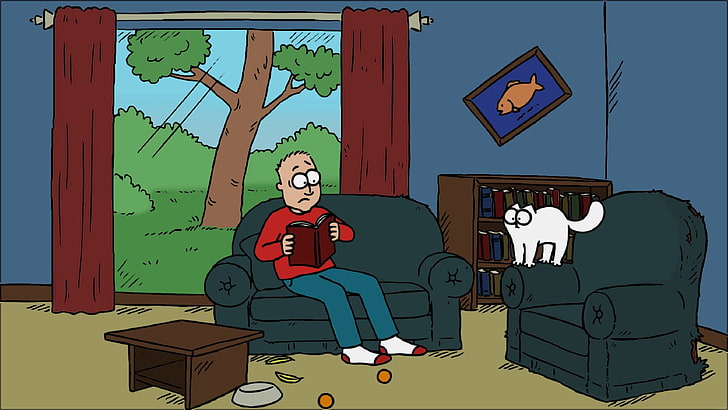 HD wallpaper: man sitting on blue sofa while reading book wallpaper, Simon's  Cat