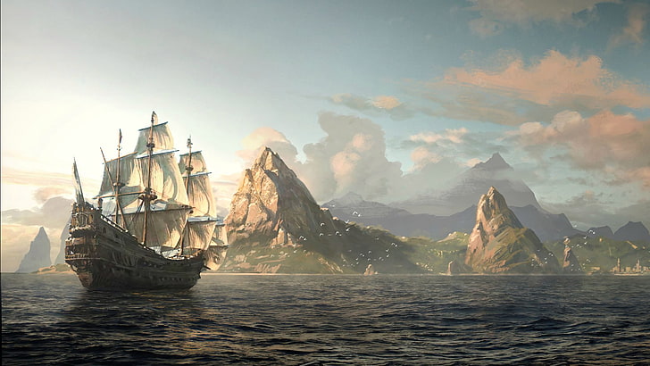 brown and white galleon illustration, boat, sea, island, nautical vessel, HD wallpaper