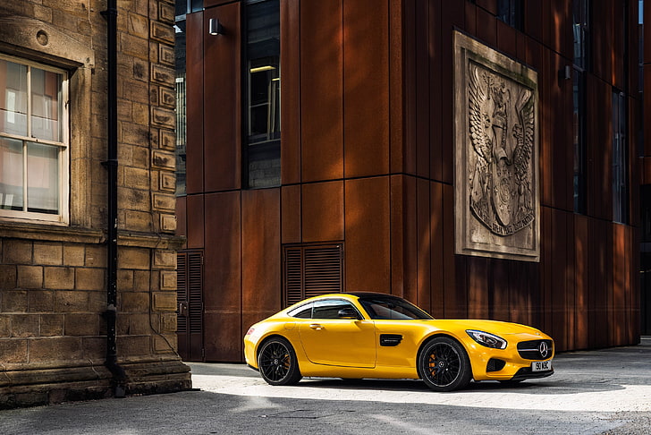 yellow Mercedes-Benz SLS AMG, car, Mercedes-AMG GT, vehicle, yellow cars, HD wallpaper