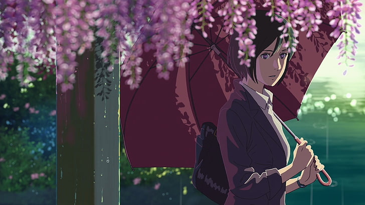 Yukino Yukari, The Garden of Words, umbrella, flowers, Makoto Shinkai