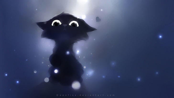 black kitten illustration, Apofiss, cat, simple background, fantasy art, HD wallpaper