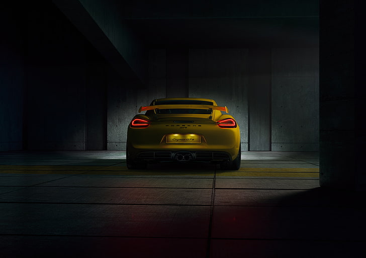 yellow sports coupe, Porsche, Cayman, Parking, Supercar, GT4