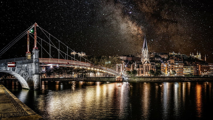 starry night, passerelle saintgeorges bridge, europe, france, HD wallpaper