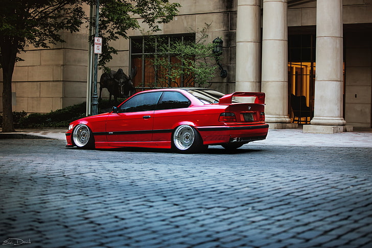 red BMW coupe, tuning, E36, car, street, land Vehicle, urban Scene