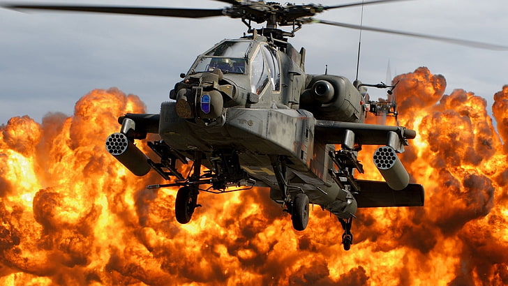 gray Apache helicopter, army, helicopters, explosion, Boeing Apache AH-64D
