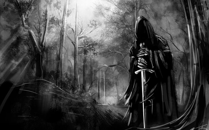 dark forest, black and white, sword, scary, Fantasy, one person