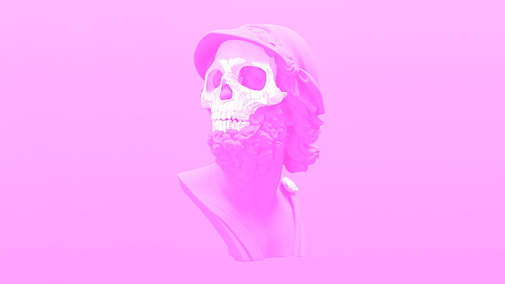 pink and white skull headbust, vaporwave, skeleton, pink color