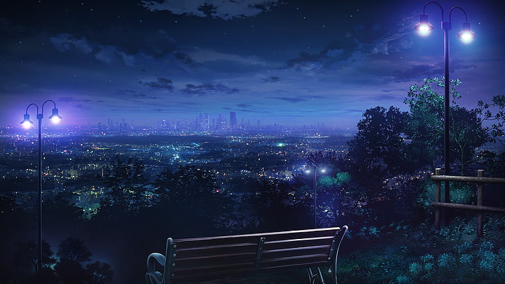 brown wooden bench, night, city lights, cityscape, anime, lantern