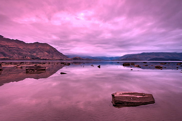 Lake Wanaka, New Zealand, lake wanaka, Landscape, Water, pink